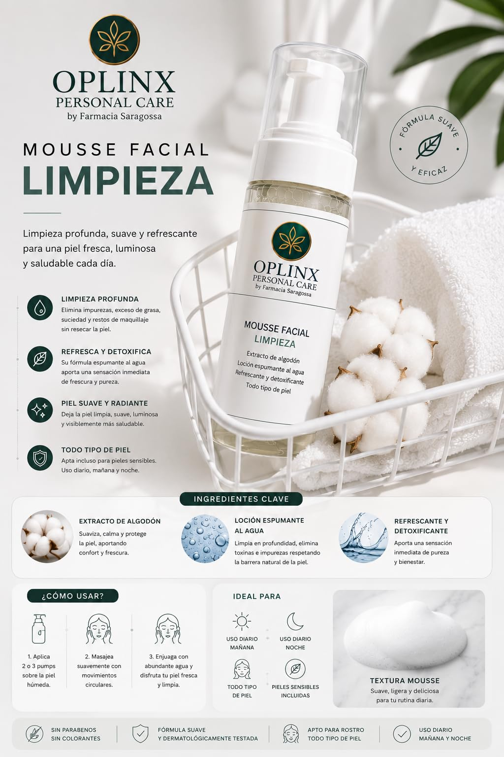 MOUSSE LIMPIADORA FACIAL CON EXTRACTO DE ALGODÓN 150 ML